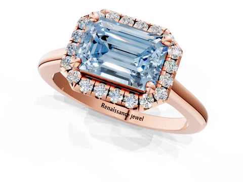 Rose gold Fancy Blue Emerald Cut Halo Round Diamond Solitaire Engagement Ring with Pave Band and Four-Prong Setting_13
