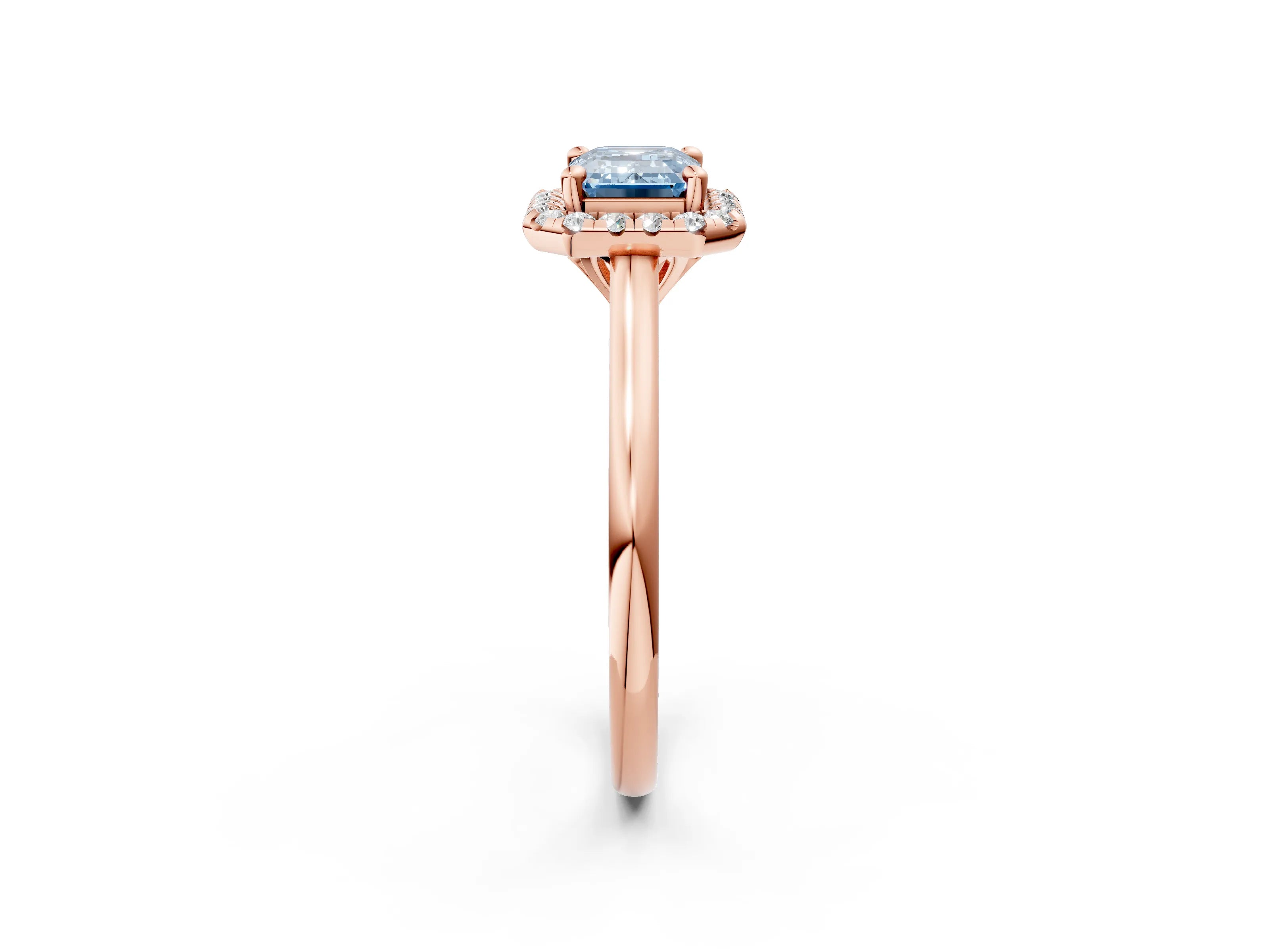 Rose gold Fancy Blue Emerald Cut Halo Round Diamond Solitaire Engagement Ring with Pave Band and Four-Prong Setting_14
