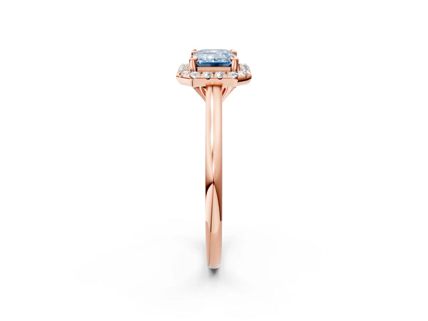 Rose gold Fancy Blue Emerald Cut Halo Round Diamond Solitaire Engagement Ring with Pave Band and Four-Prong Setting