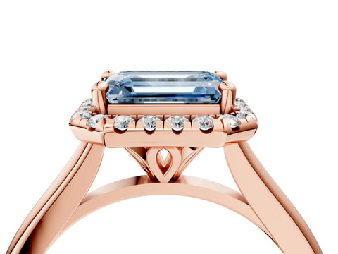 Rose gold Fancy Blue Emerald Cut Halo Round Diamond Solitaire Engagement Ring with Pave Band and Four-Prong Setting_16