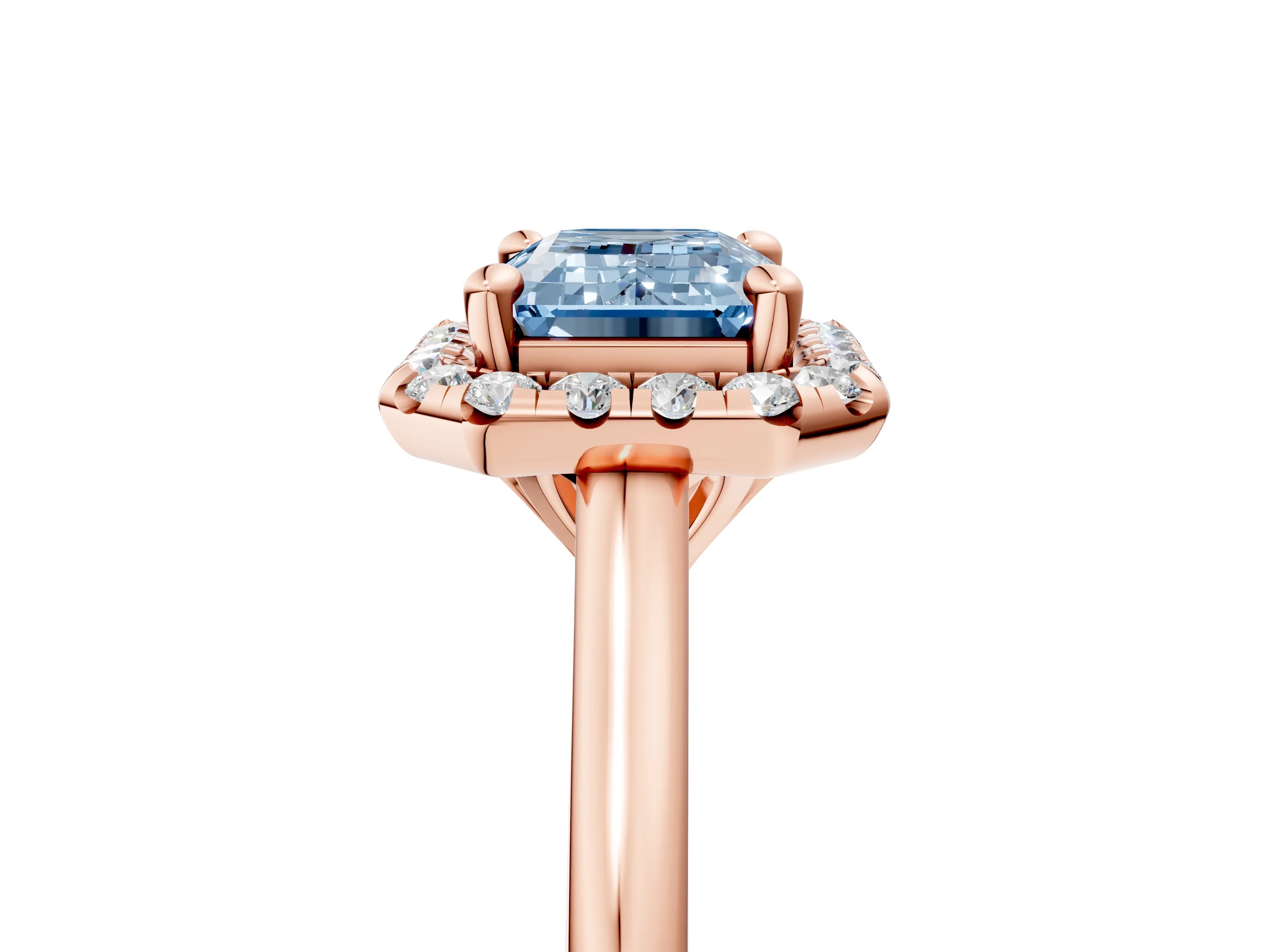 Rose gold Fancy Blue Emerald Cut Halo Round Diamond Solitaire Engagement Ring with Pave Band and Four-Prong Setting_17