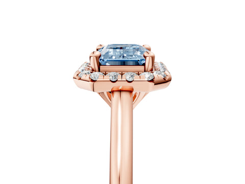 Rose gold Fancy Blue Emerald Cut Halo Round Diamond Solitaire Engagement Ring with Pave Band and Four-Prong Setting_17