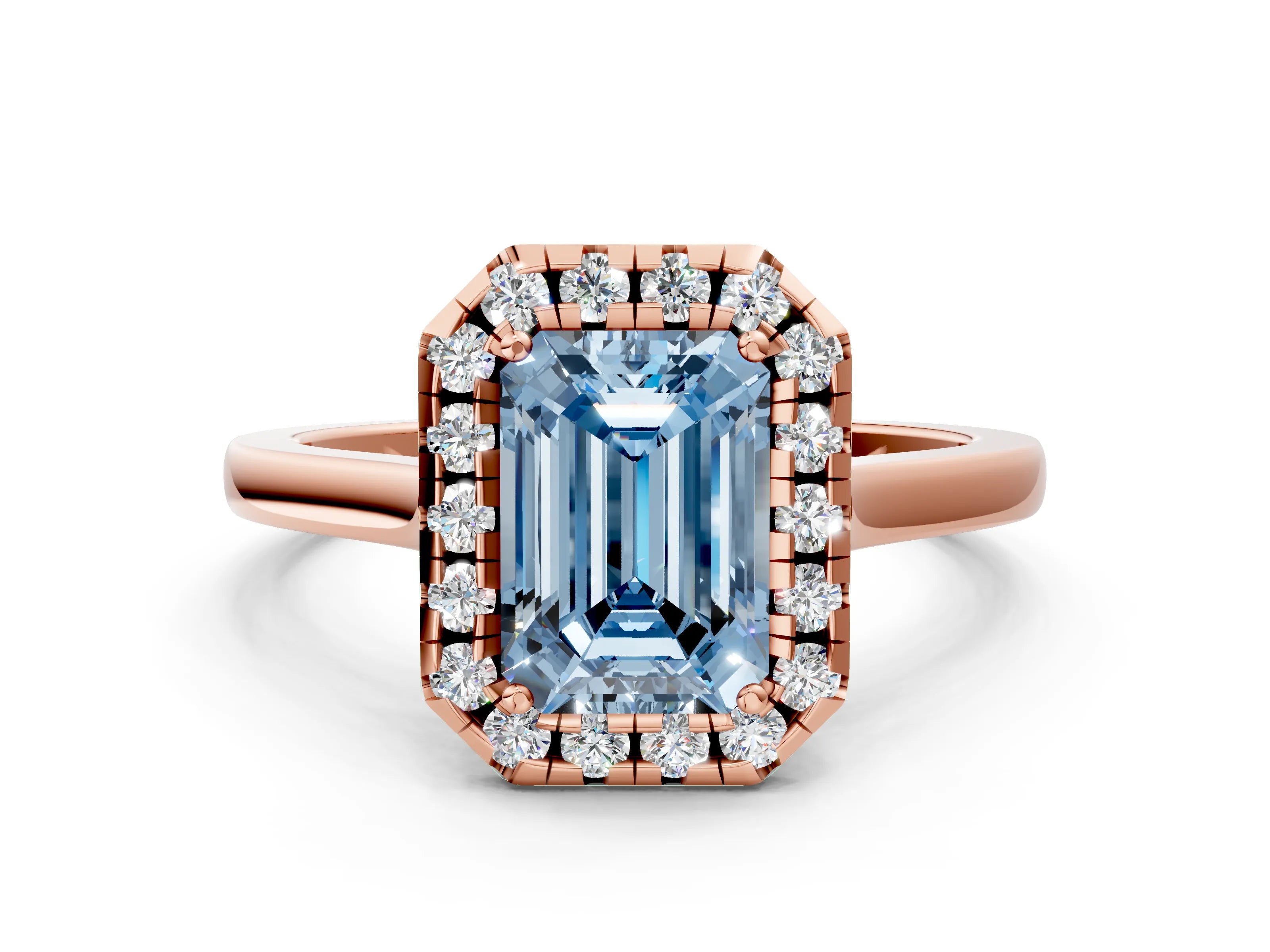 Rose gold Fancy Blue Emerald Cut Halo Round Diamond Solitaire Ring with Pavé Band and Four-Prong Setting