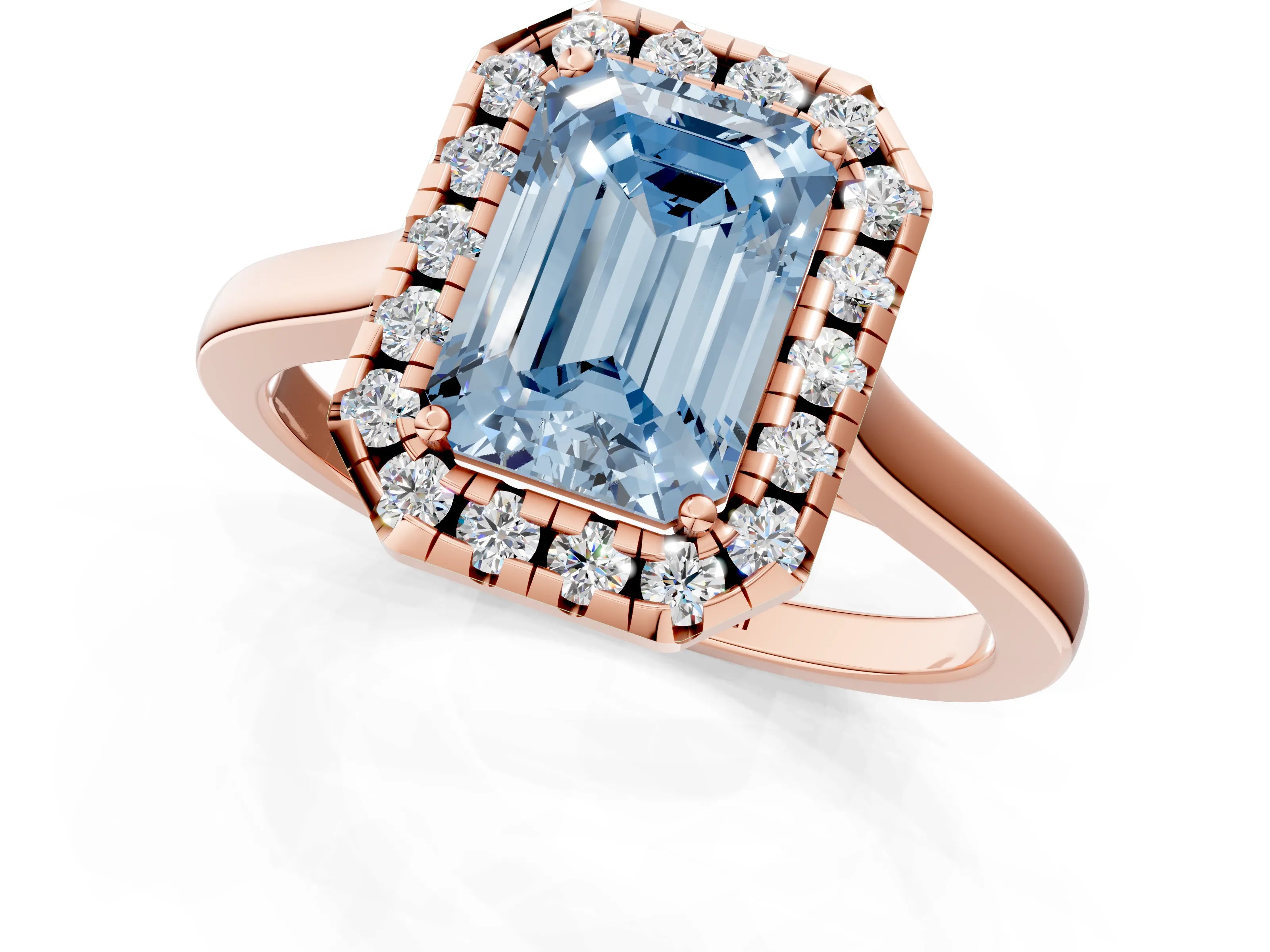Rose gold Fancy Blue Emerald Cut Halo Round Diamond Solitaire Ring with Pavé Band and Four-Prong Setting_1