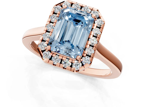 Rose gold Fancy Blue Emerald Cut Halo Round Diamond Solitaire Ring with Pavé Band and Four-Prong Setting_1