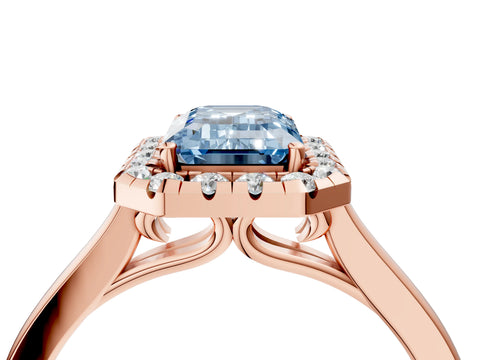 Rose gold Fancy Blue Emerald Cut Halo Round Diamond Solitaire Ring with Pavé Band and Four-Prong Setting_4