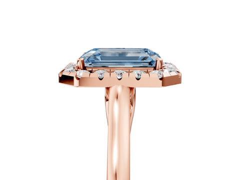 Rose gold Fancy Blue Emerald Cut Halo Round Diamond Solitaire Ring with Pavé Band and Four-Prong Setting_5