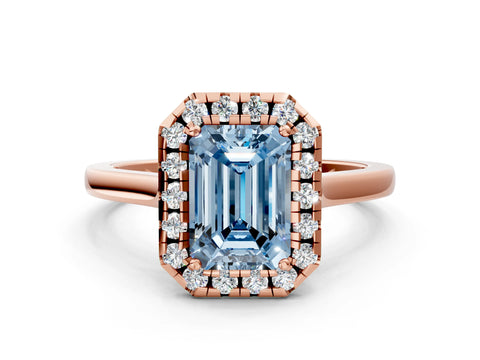 Rose gold Fancy Blue Emerald Cut Halo Round Diamond Solitaire Ring with Pavé Band and Four-Prong Setting