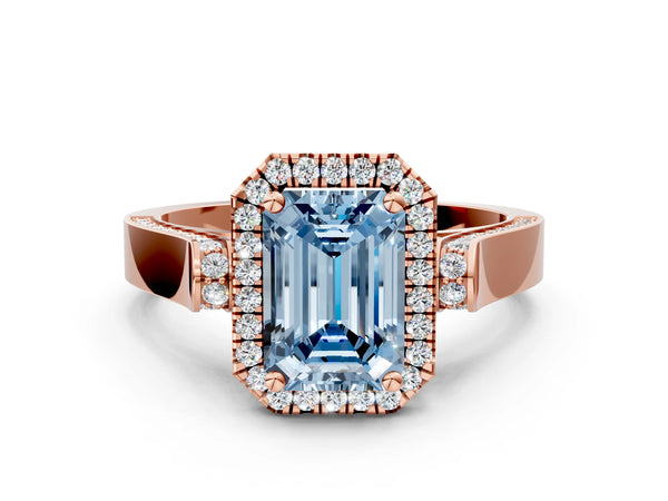 Rose gold Fancy Blue Emerald Cut Halo Round Diamond Twist Band with Four-Prong Setting