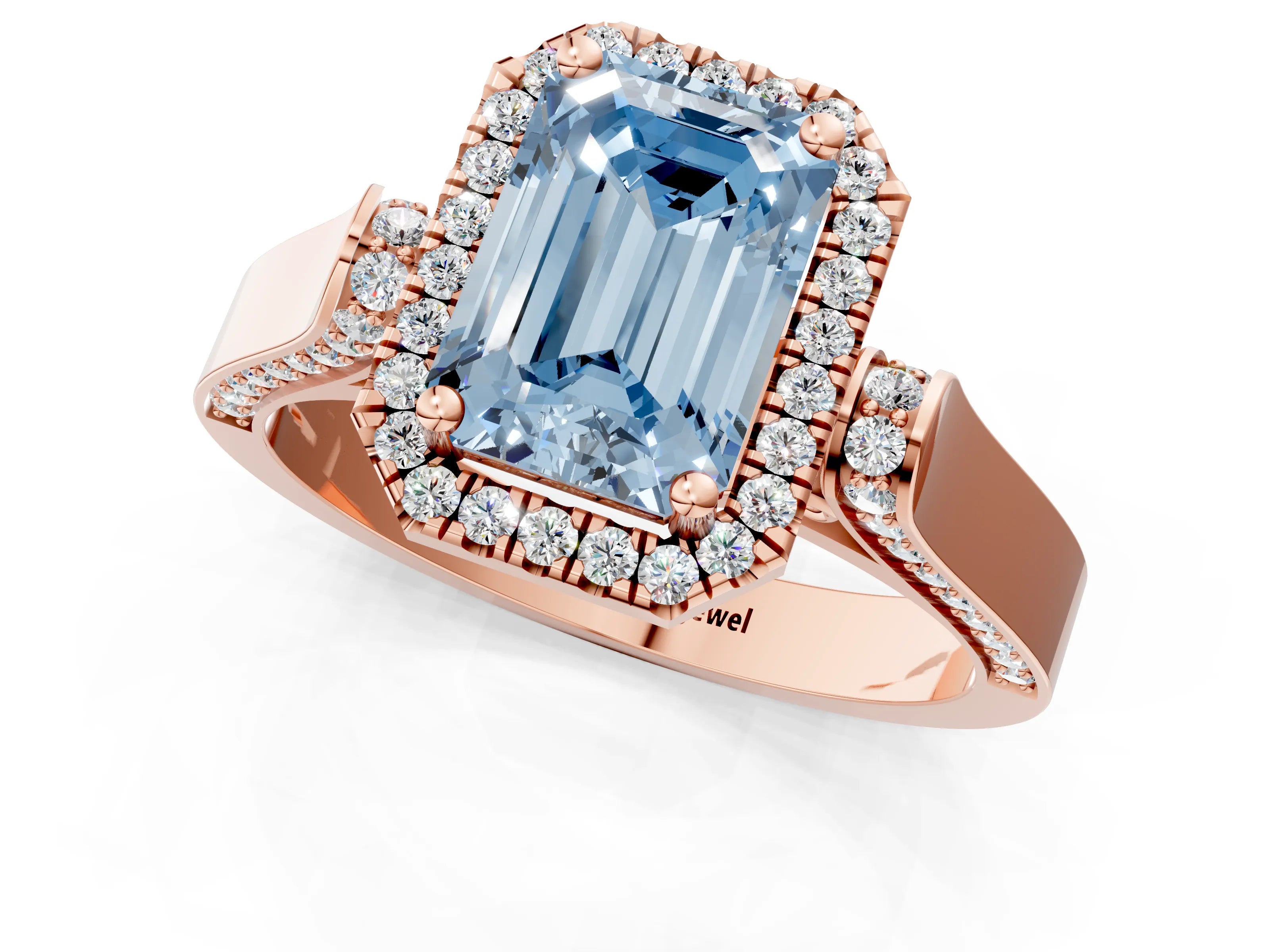 Rose gold Fancy Blue Emerald Cut Halo Round Diamond Twist Band with Four-Prong Setting_1