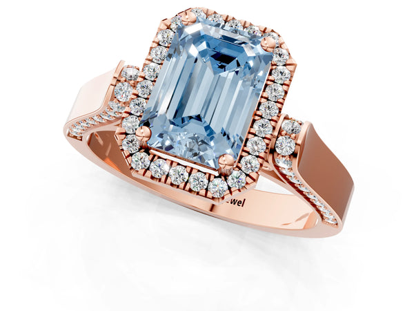 Rose gold Fancy Blue Emerald Cut Halo Round Diamond Twist Band with Four-Prong Setting