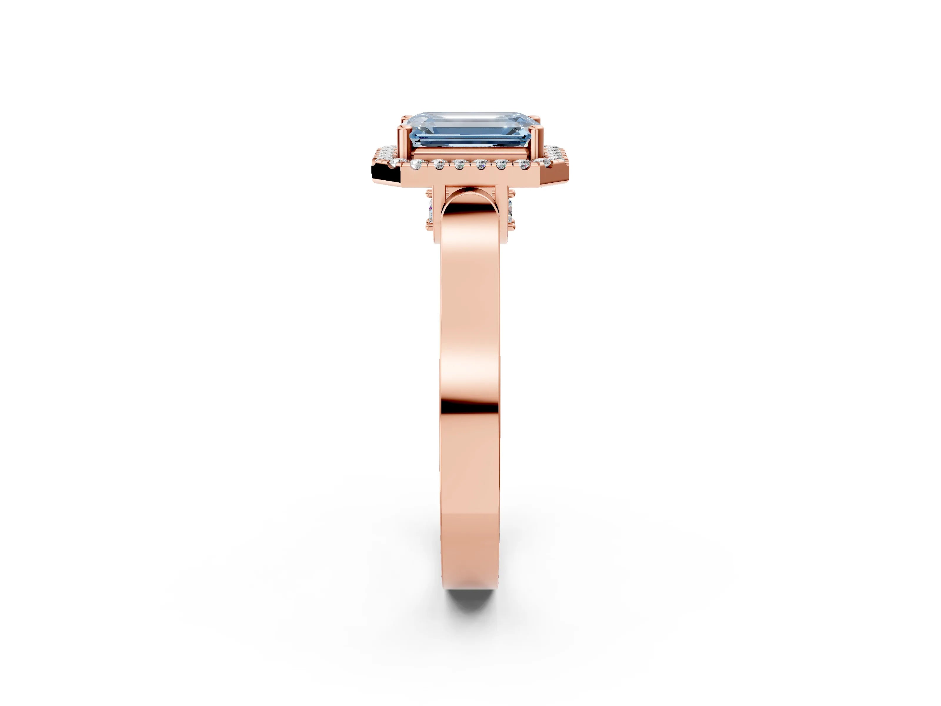 Rose gold Fancy Blue Emerald Cut Halo Round Diamond Twist Band with Four-Prong Setting_2