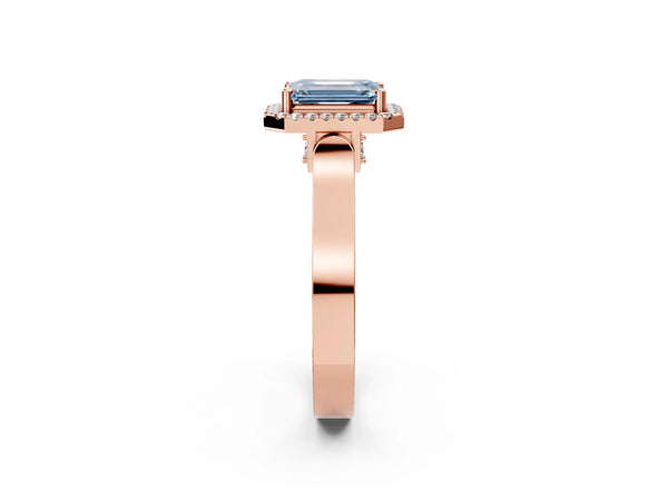 Rose gold Fancy Blue Emerald Cut Halo Round Diamond Twist Band with Four-Prong Setting