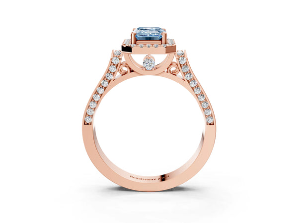 Rose gold Fancy Blue Emerald Cut Halo Round Diamond Twist Band with Four-Prong Setting