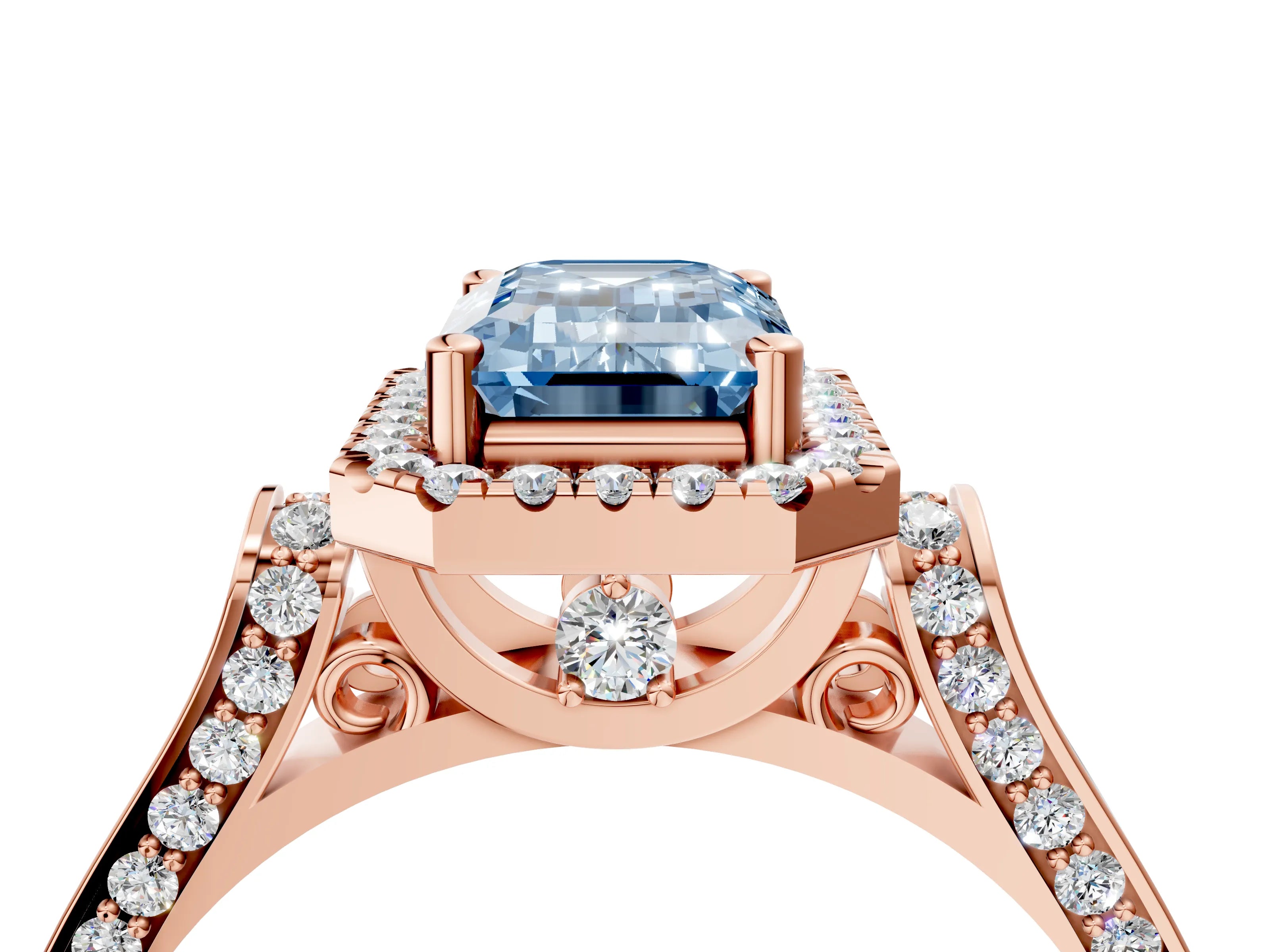 Rose gold Fancy Blue Emerald Cut Halo Round Diamond Twist Band with Four-Prong Setting_4