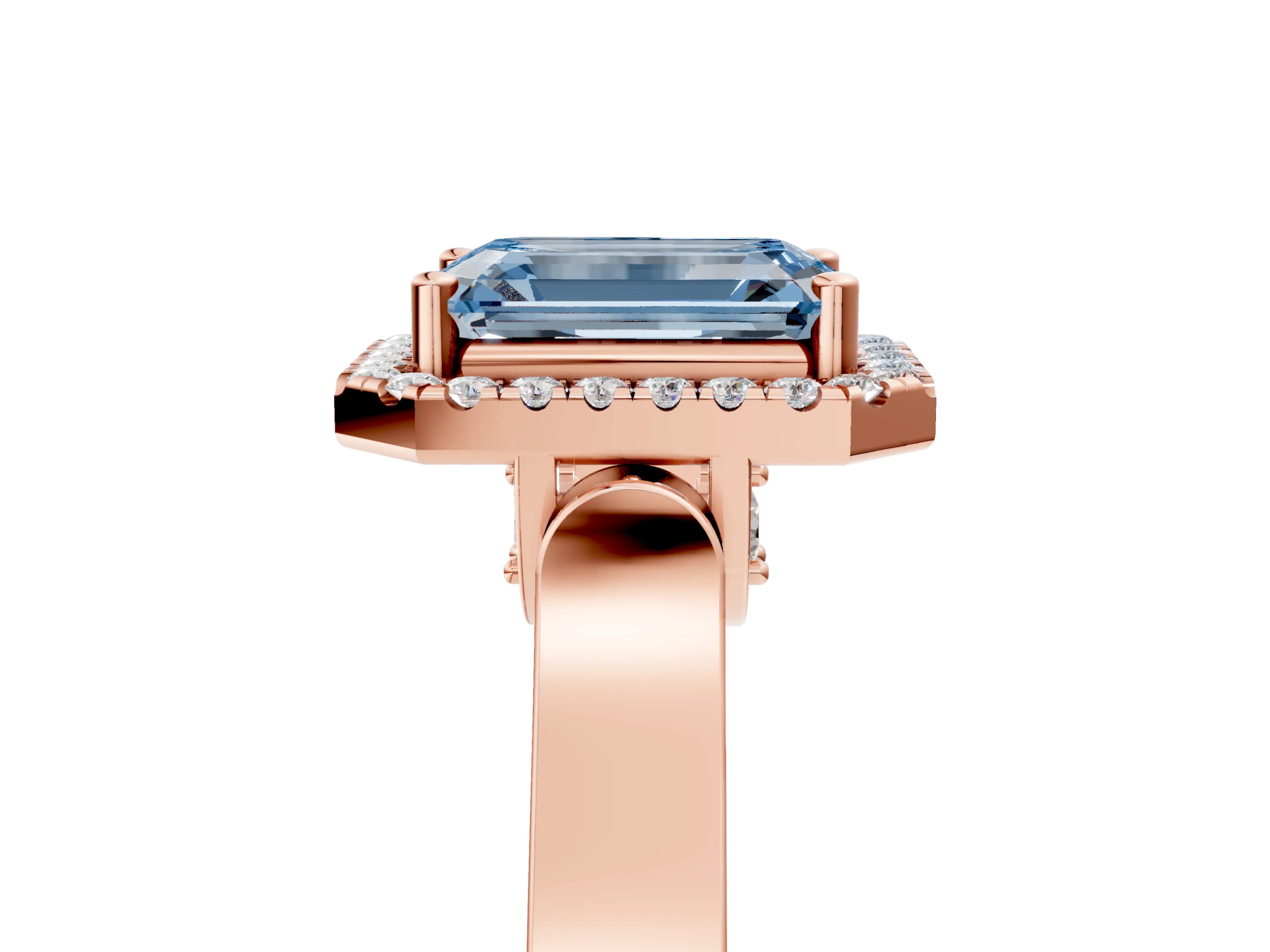 Rose gold Fancy Blue Emerald Cut Halo Round Diamond Twist Band with Four-Prong Setting_5