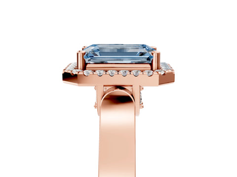 Rose gold Fancy Blue Emerald Cut Halo Round Diamond Twist Band with Four-Prong Setting_5