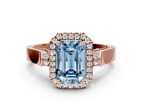 Rose gold Fancy Blue Emerald Cut Halo Round Diamond Twist Band with Four-Prong Setting