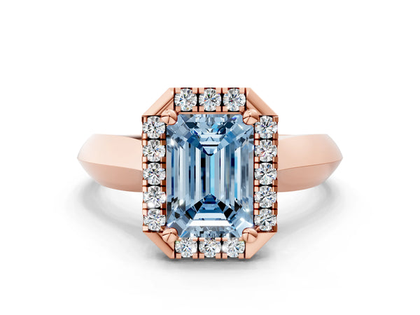 Rose gold Fancy Blue Emerald  Cut Halo Solitaire Engagement Ring with Square Band and Four-Prong Setting