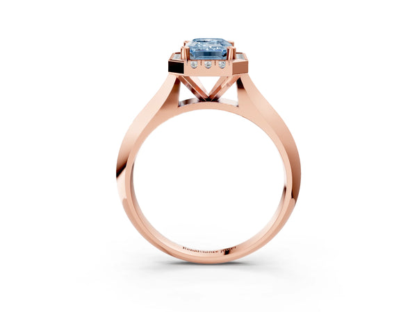 Rose gold Fancy Blue Emerald  Cut Halo Solitaire Engagement Ring with Square Band and Four-Prong Setting
