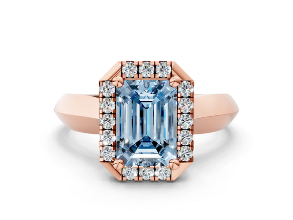 Rose gold Fancy Blue Emerald  Cut Halo Solitaire Engagement Ring with Square Band and Four-Prong Setting
