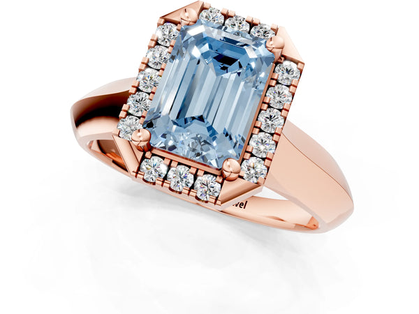 Rose gold Fancy Blue Emerald  Cut Halo Solitaire Engagement Ring with Square Band and Four-Prong Setting