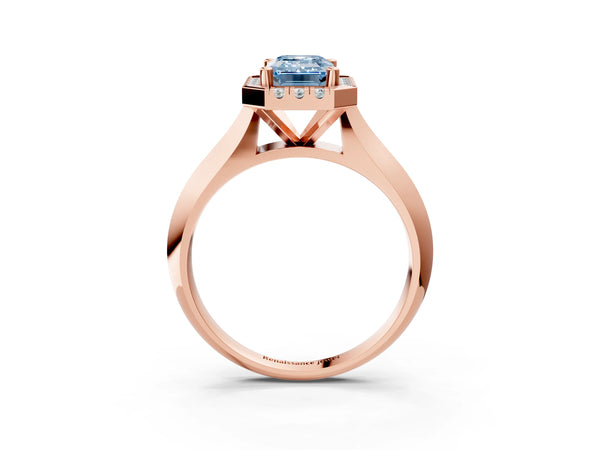 Rose gold Fancy Blue Emerald  Cut Halo Solitaire Engagement Ring with Square Band and Four-Prong Setting
