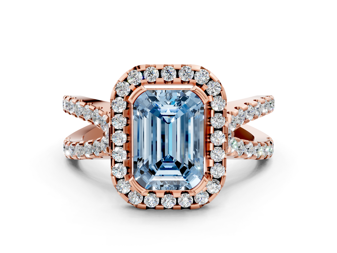 Rose gold Fancy Blue Emerald  Cut Halo Split Shank Pave Set Ring_63