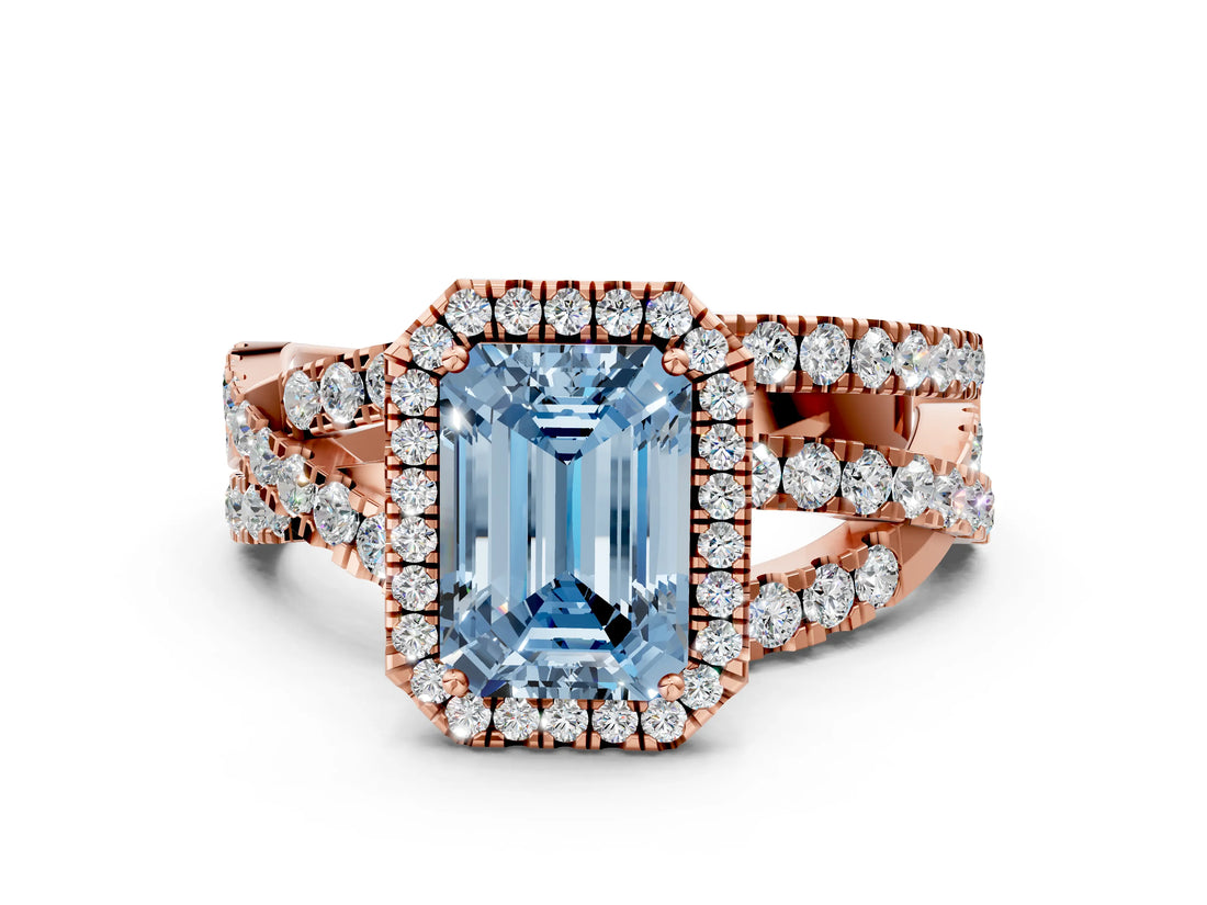 Rose gold Fancy Blue Emerald  Cut Halo Split Shank Prong Setting Ring_12