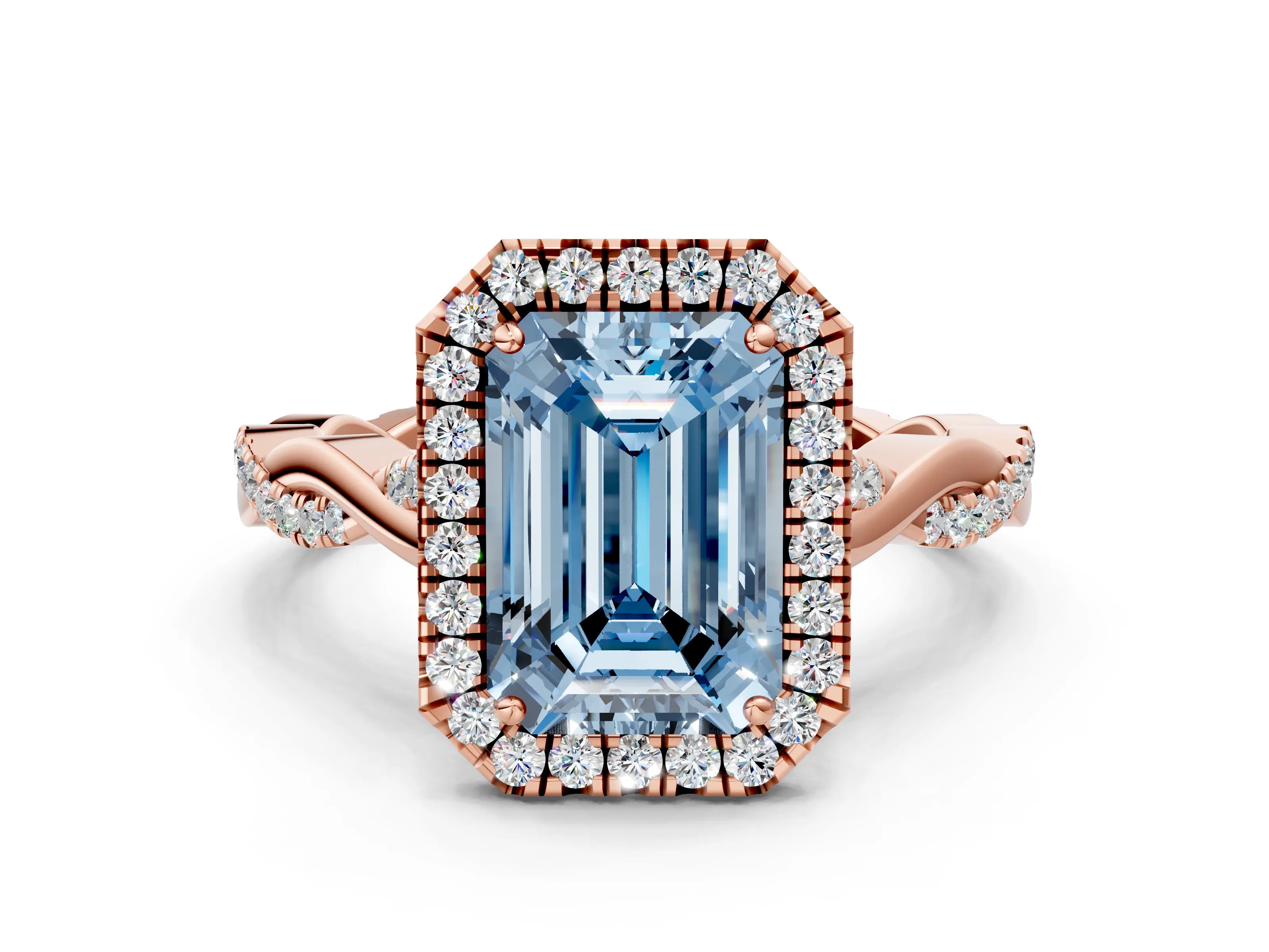 Rose gold Fancy Blue Emerald Cut Halo Twist Band with Four-Prong Setting_12