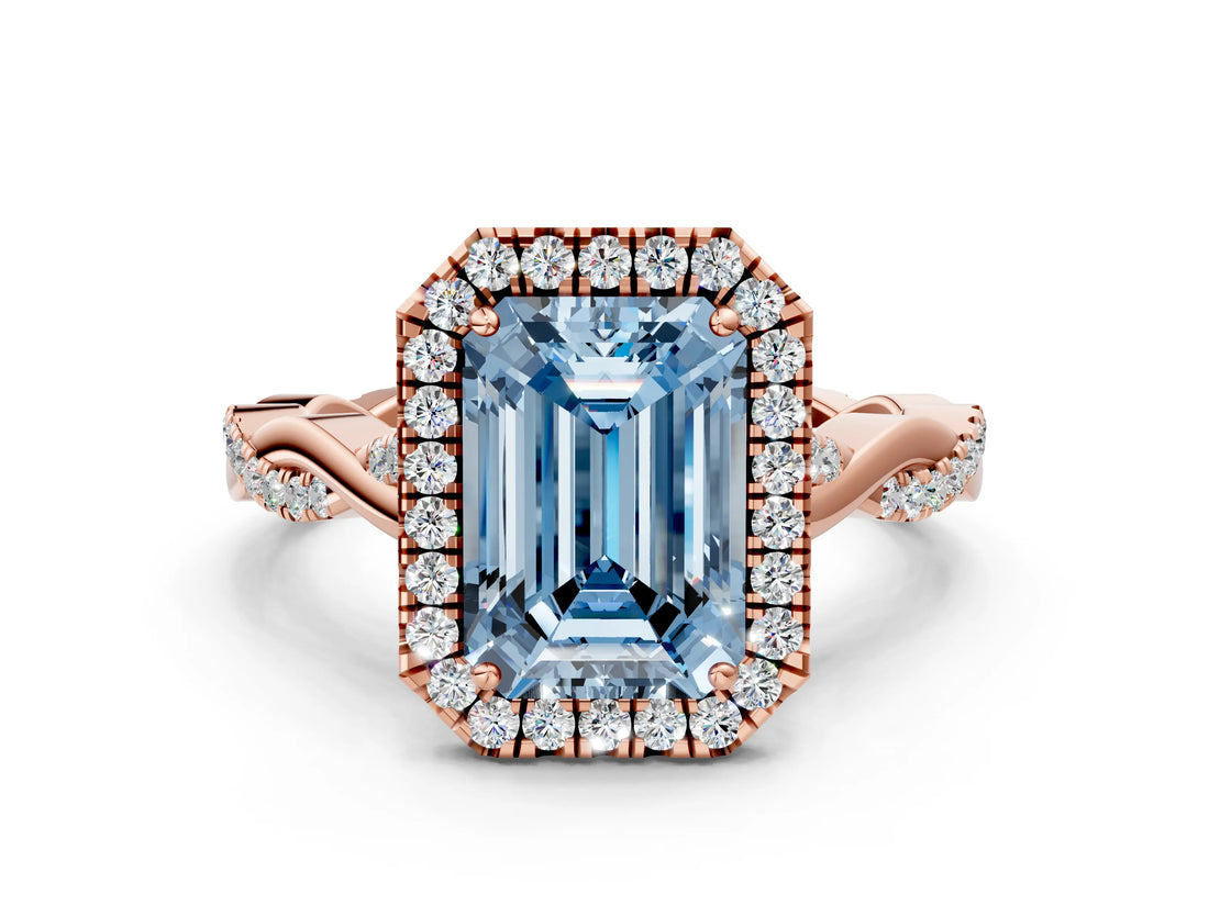Rose gold Fancy Blue Emerald Cut Halo Twist Band with Four-Prong Setting_12