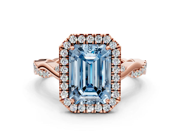 Rose Gold Emerald Cut Interwoven Twist Halo Engagement Ring Setting for Fancy Blue Center