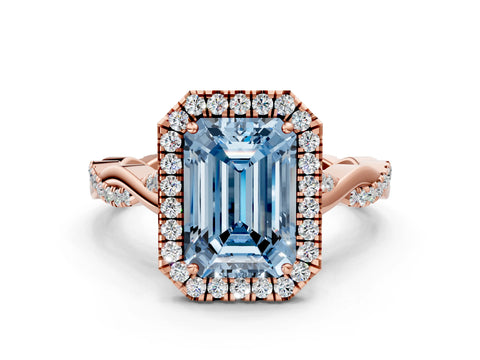 Rose gold Fancy Blue Emerald Cut Halo Twist Band with Four-Prong Setting_12
