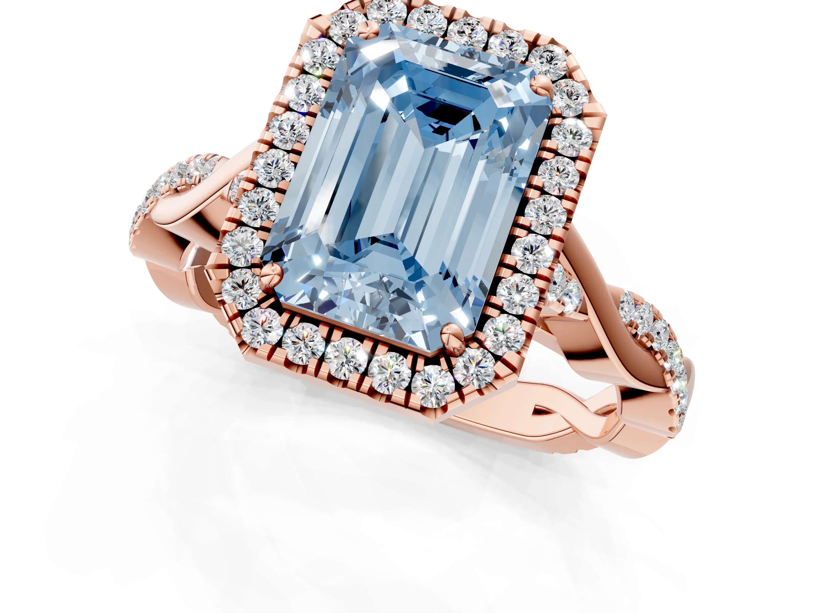 Rose gold Fancy Blue Emerald Cut Halo Twist Band with Four-Prong Setting_13