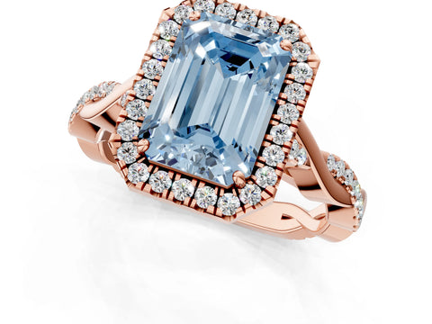 Rose gold Fancy Blue Emerald Cut Halo Twist Band with Four-Prong Setting_13