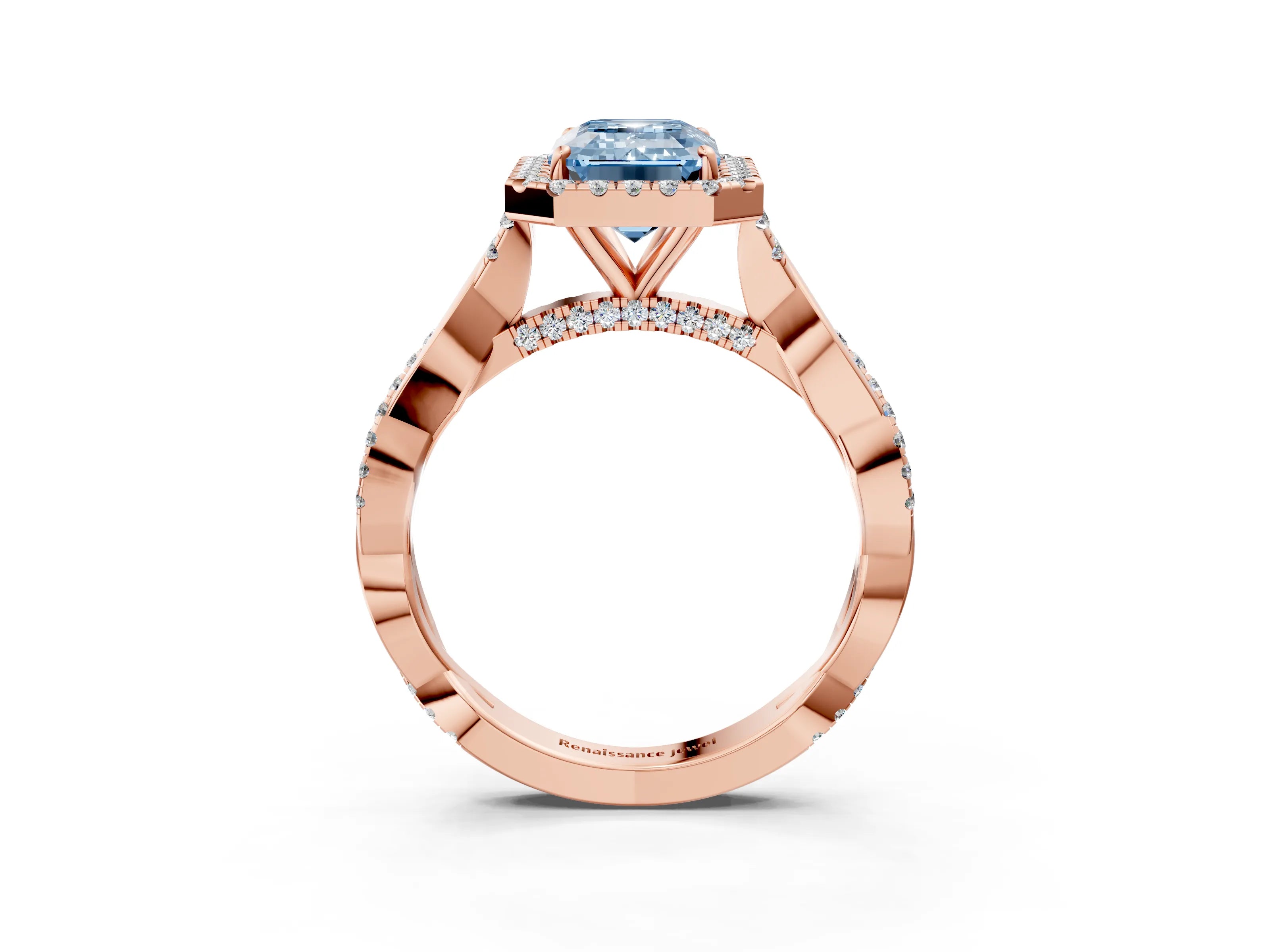 Rose gold Fancy Blue Emerald Cut Halo Twist Band with Four-Prong Setting_15