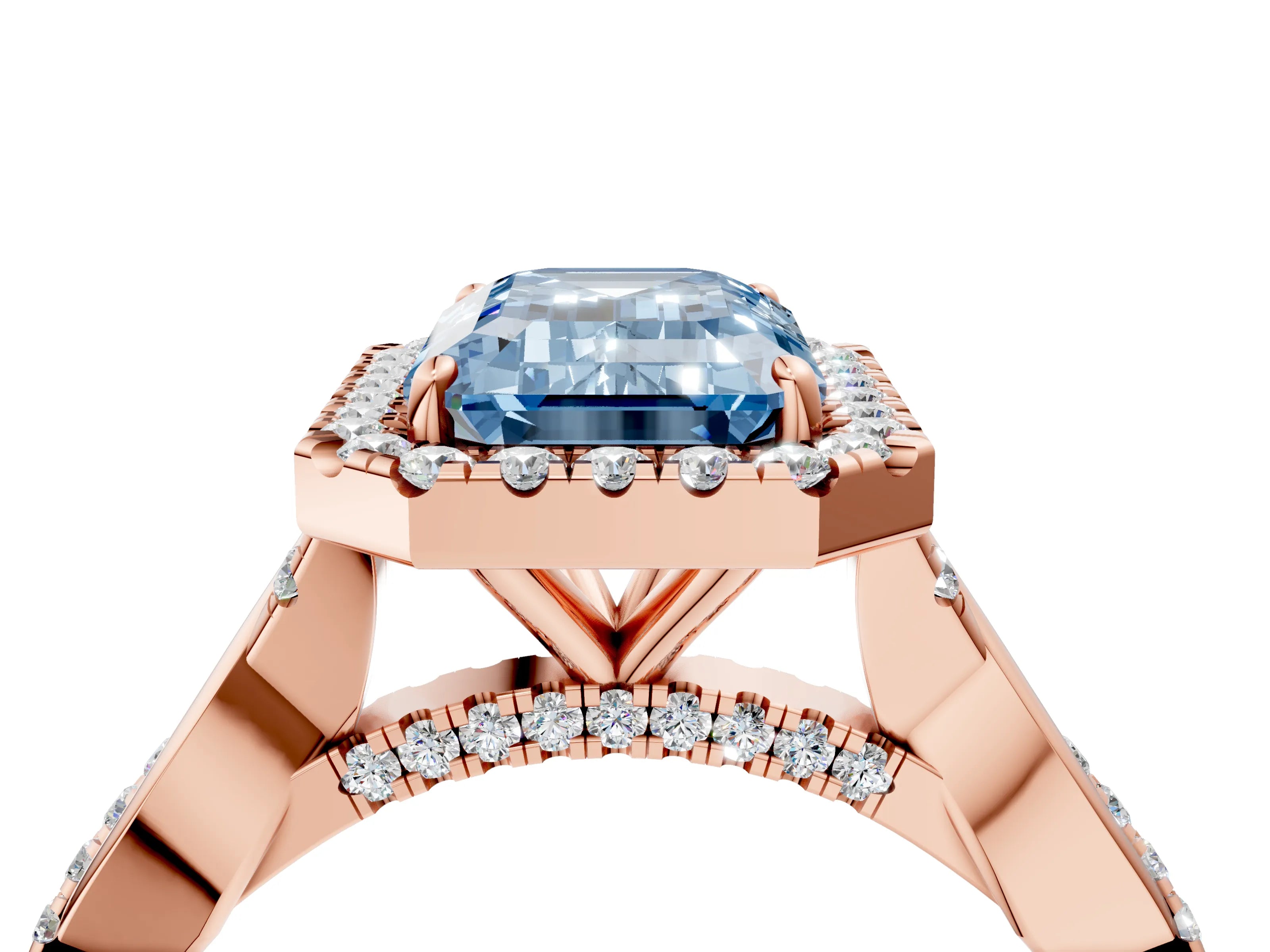 Rose gold Fancy Blue Emerald Cut Halo Twist Band with Four-Prong Setting_16
