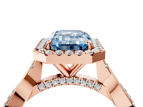 Rose gold Fancy Blue Emerald Cut Halo Twist Band with Four-Prong Setting_16