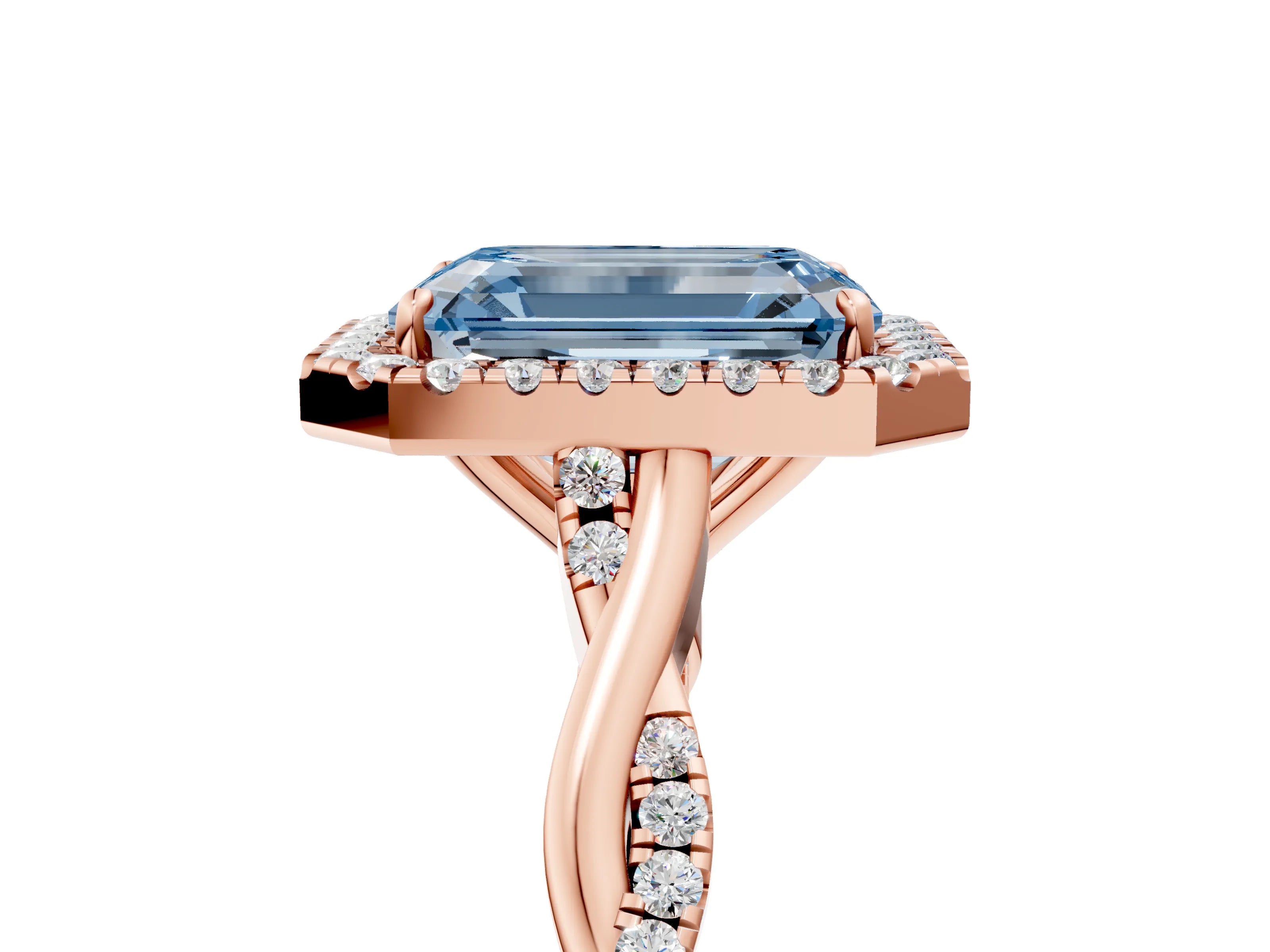 Rose gold Fancy Blue Emerald Cut Halo Twist Band with Four-Prong Setting_17