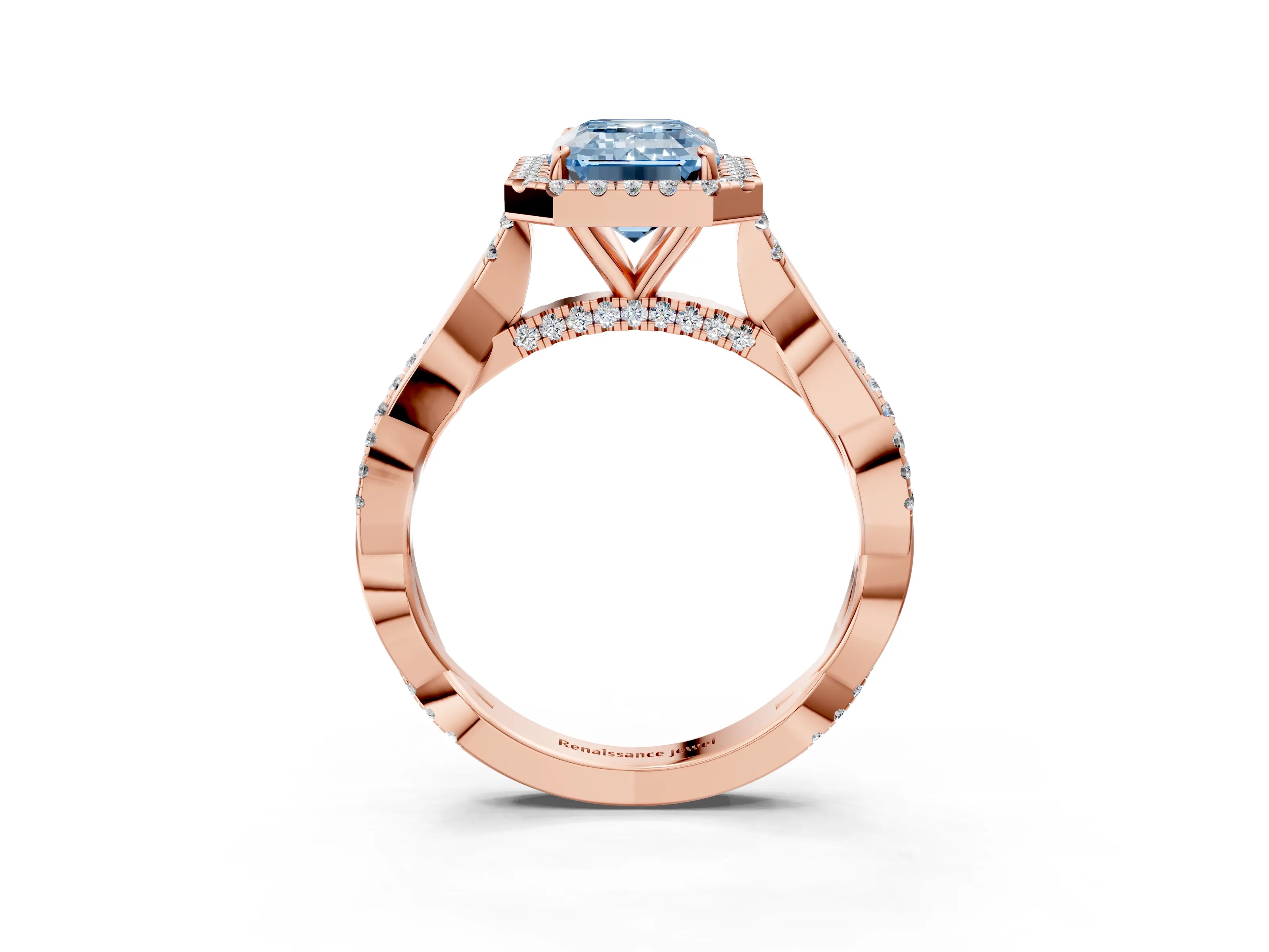 Rose gold Fancy Blue Emerald Cut Halo Twist Band with Four-Prong Setting_3