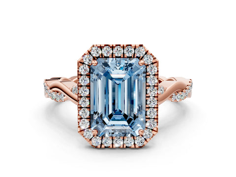 Rose gold Fancy Blue Emerald Cut Halo Twist Band with Four-Prong Setting