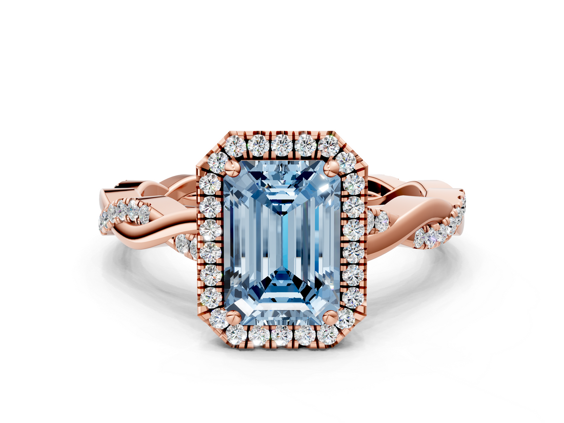 Rose gold Fancy Blue Emerald  Cut Halo Twisted Band Four-Prong Ring_20