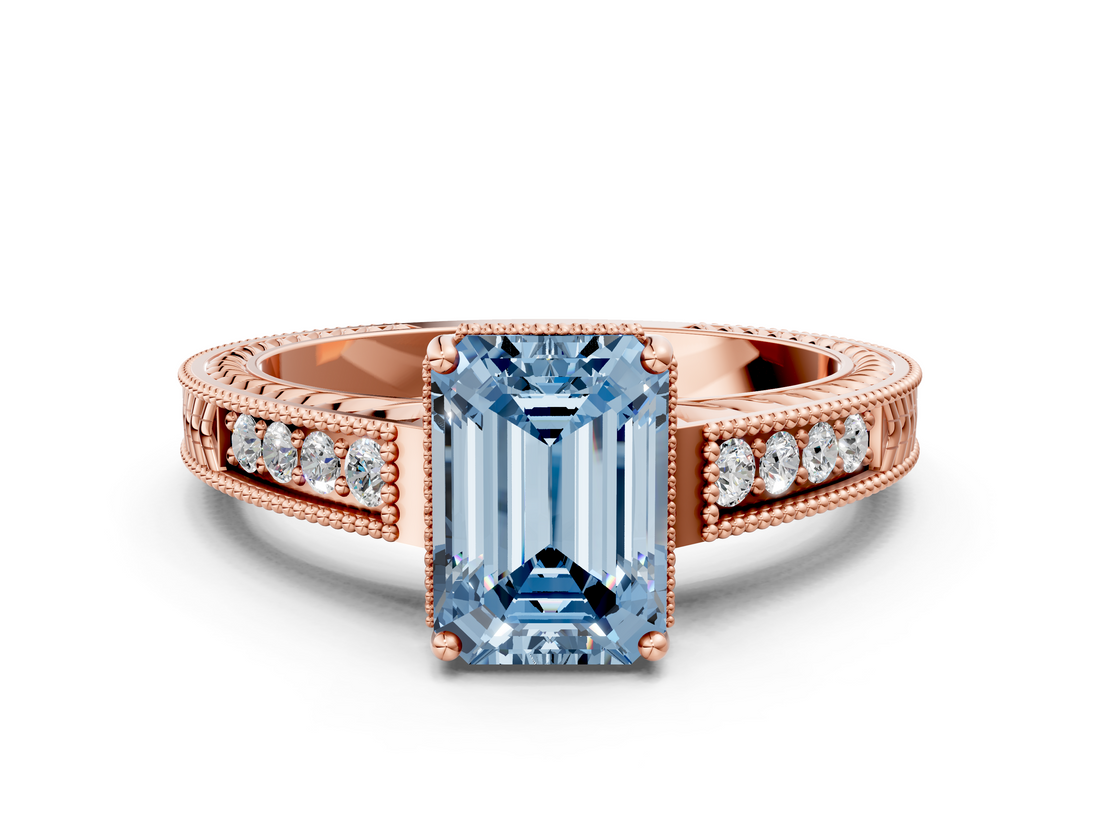 Rose gold Fancy Blue Emerald  Cut Milgrain Channel Set Engagement Ring with Solitaire Prong Setting_91