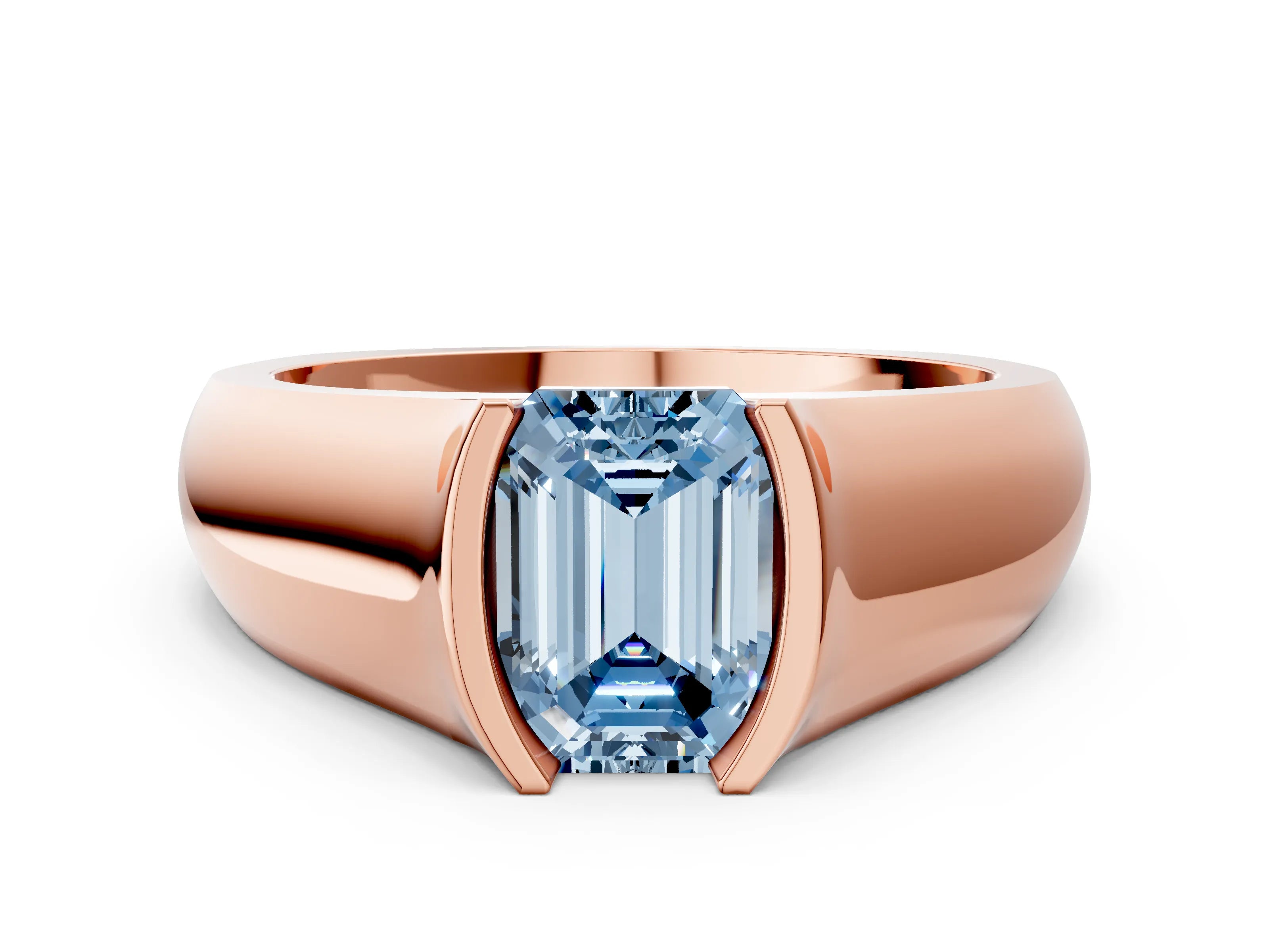 Rose gold Fancy Blue Emerald Cut Solitaire Bezel Set Diamond Ring with Wide Band