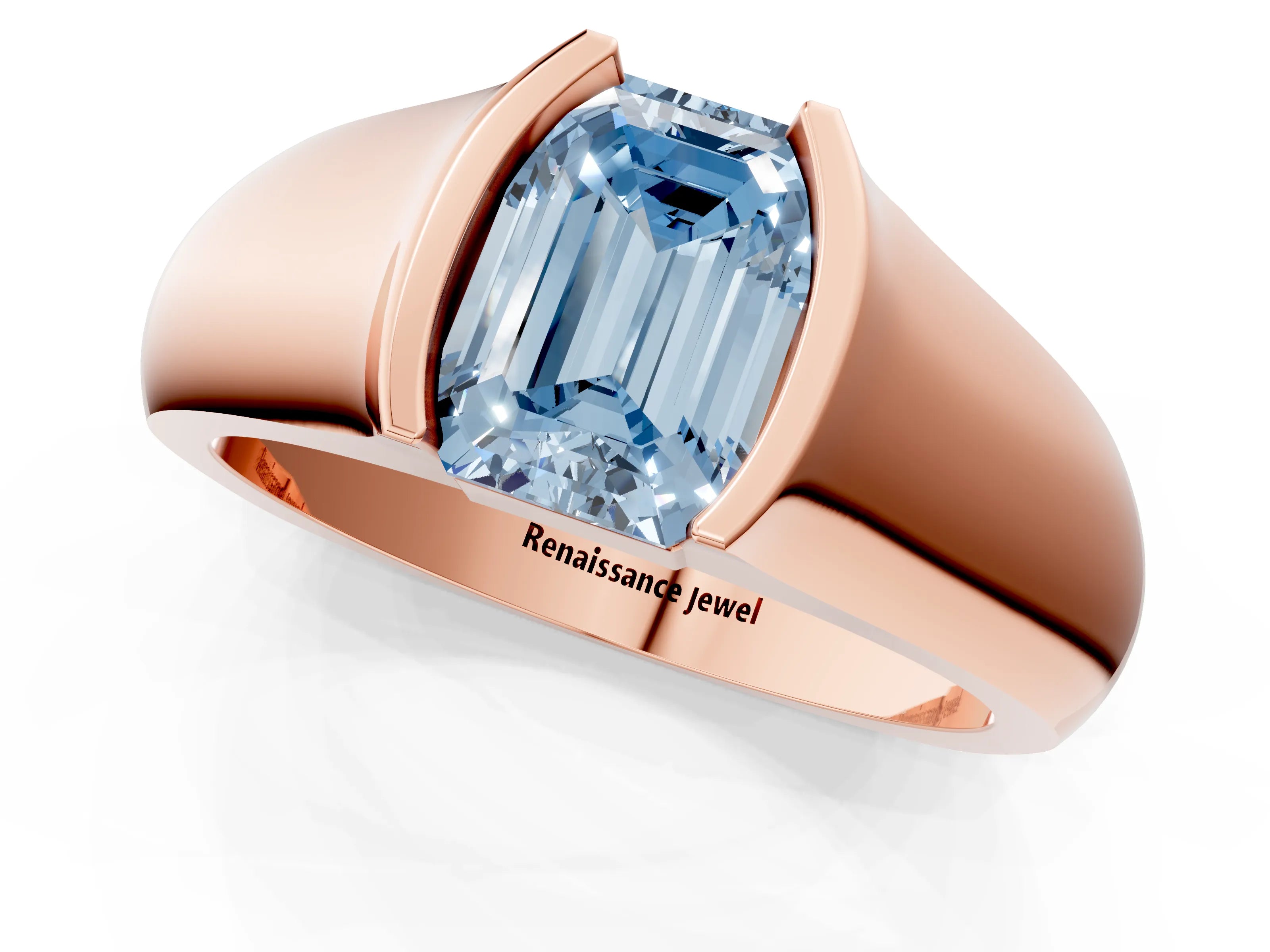 Rose gold Fancy Blue Emerald Cut Solitaire Bezel Set Diamond Ring with Wide Band_1
