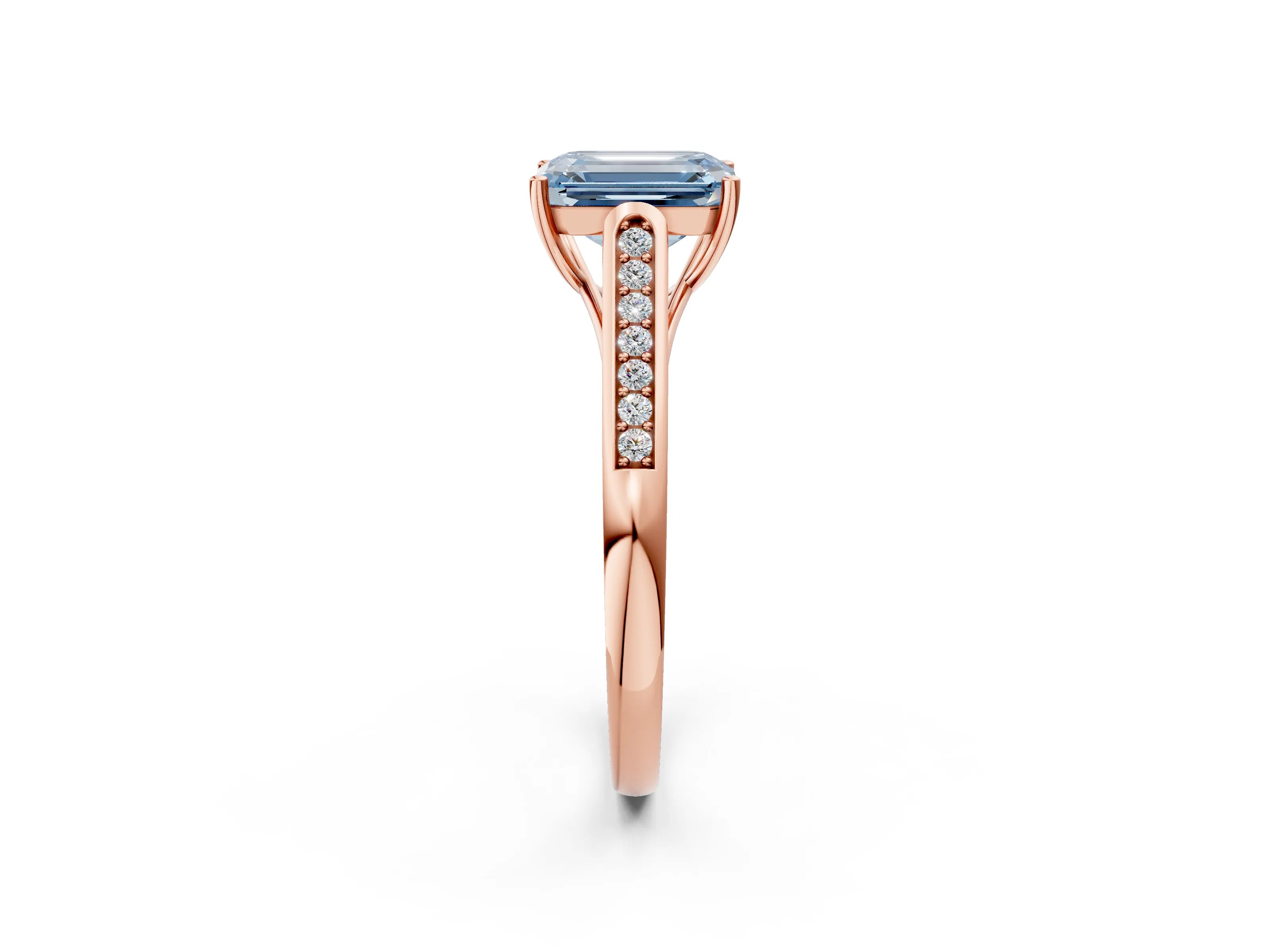 Rose gold Fancy Blue Emerald Cut Solitaire Cathedral Diamond Engagement Ring with Channel-Set Band and Four-Prong Setting_5