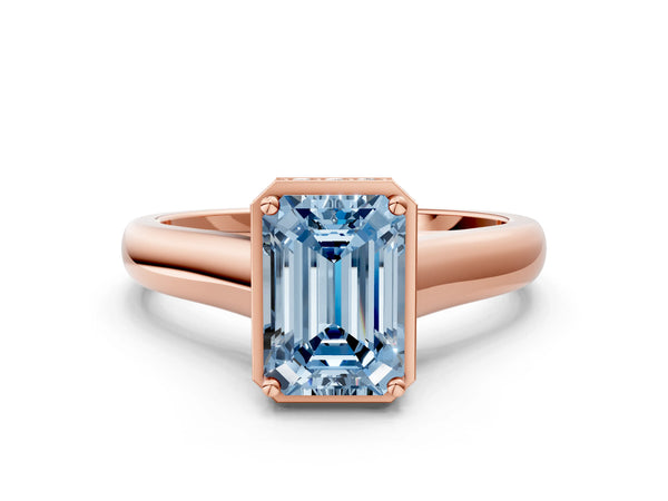 Rose gold Fancy Blue Emerald Cut Solitaire Diamond Engagement Ring with Four-Prong Setting and Tapered Band