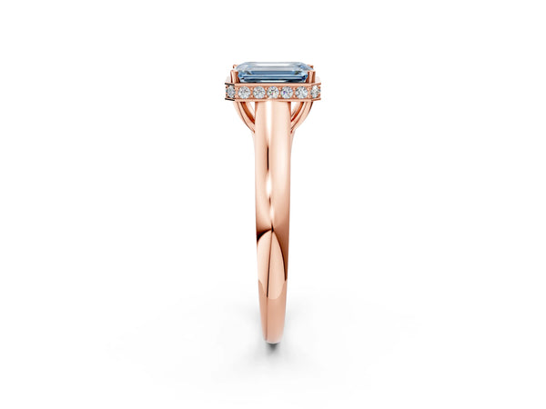 Rose gold Fancy Blue Emerald Cut Solitaire Diamond Engagement Ring with Four-Prong Setting and Tapered Band