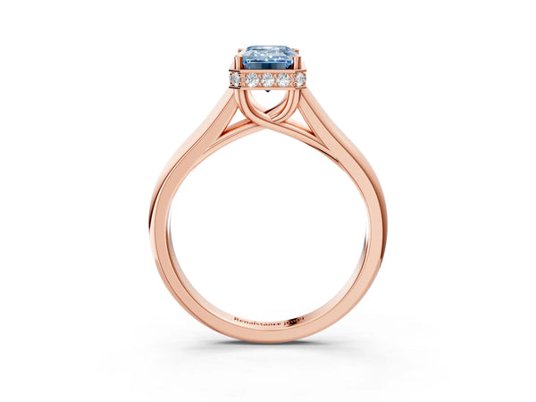 Rose gold Fancy Blue Emerald Cut Solitaire Diamond Engagement Ring with Four-Prong Setting and Tapered Band