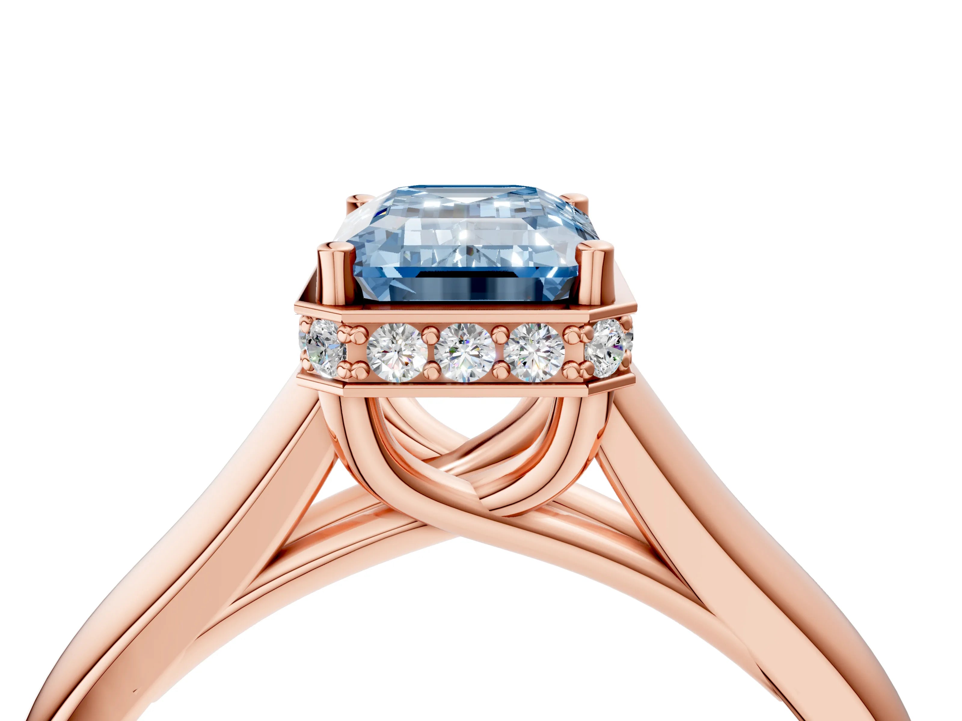 Rose gold Fancy Blue Emerald Cut Solitaire Diamond Engagement Ring with Four-Prong Setting and Tapered Band_4